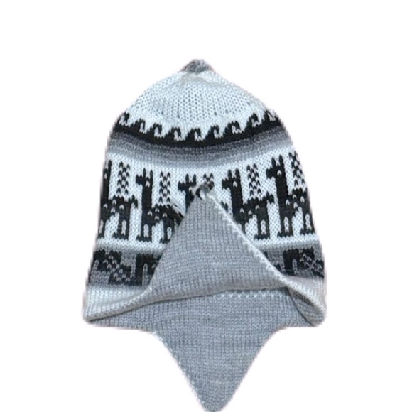 Bolivian Earflap Chullo Kint Hat Black Llama Designed Reversible Gray and White - Picture 8 of 9